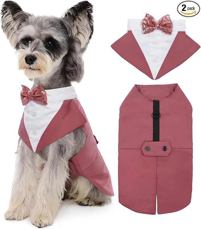 Kuoser Dog Tuxedo Dog Suit and Bandana Set, Dogs Tuxedo Wedding Party Suit, Doggy Prince Bow Tie Shirt Formal Pet Wedding Attire for Large Medium and Small Dogs Golden Retriever Samo Bulldogs
