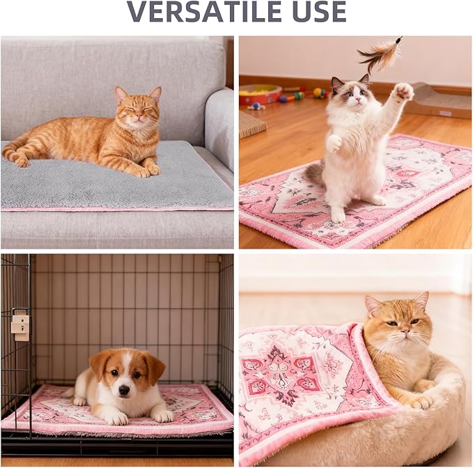 PUPTECK Reversible Cat Dog Bed Indoor Outdoor for Small Pets, Soft Warm Cat Bed Mat Washable Crate Pad Plush Blanket Cushion for Kennel Cage, Pink, 24"x18"