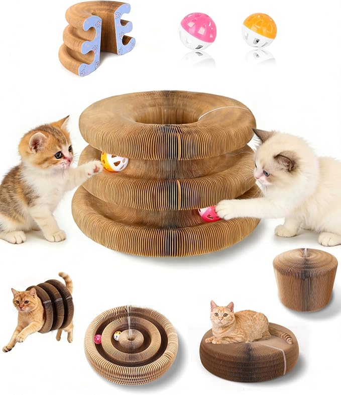 Upgraded Double Layer Curls Cardboard Cat Toy, Magic Organ Cardboard Cat Scratcher with Cat Toy Ball Track for Kitten Kitty, Foldable Accordion Interactive Cats Ball Toy for Indoor Cats