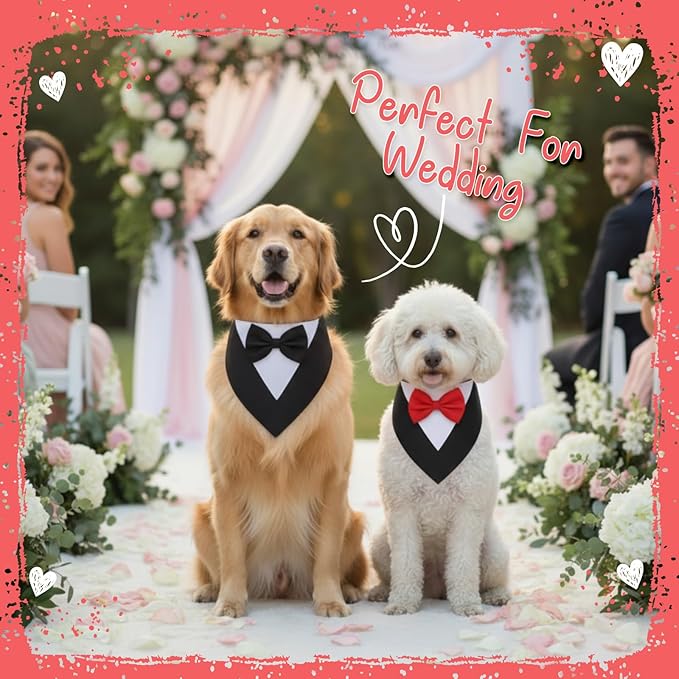 Gilprop 4 Pcs Formal Dog Outfit Dog Tuxedo Sets with Bowtie Wedding Dogs Bandana Collar with Nylon Leash Wedding Outfit Suit Adjustable Pet Party Costumes for Birthday(Black,Red,Large:21"-24.5")