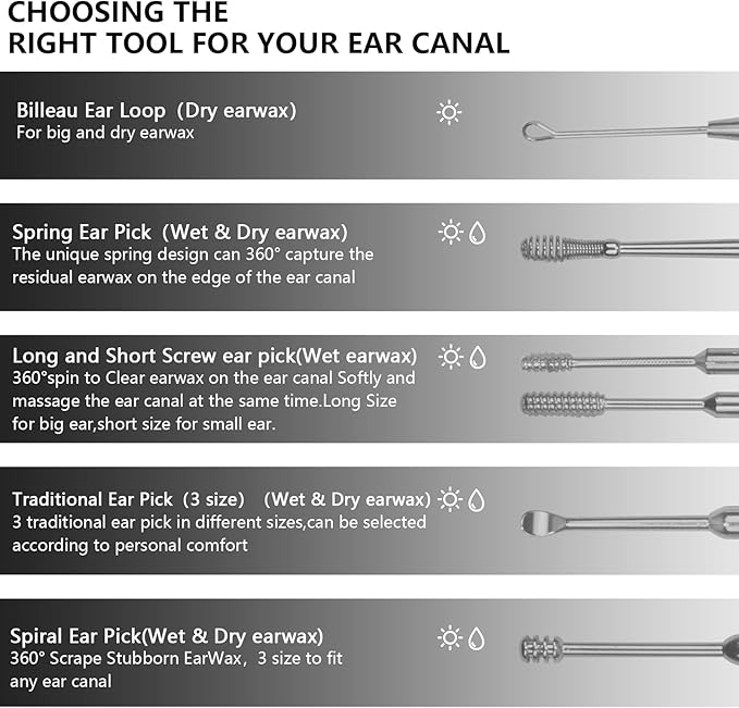 Hion 8 Pcs Ear Wax Removal Kit,Professional Double-Headed Ear Pick Earwax Removal Tools,316L Stainless Steel Ear Cleaner Curette with Cleaning Brush and Storage Box,Suit for Kid Adult(Silver)