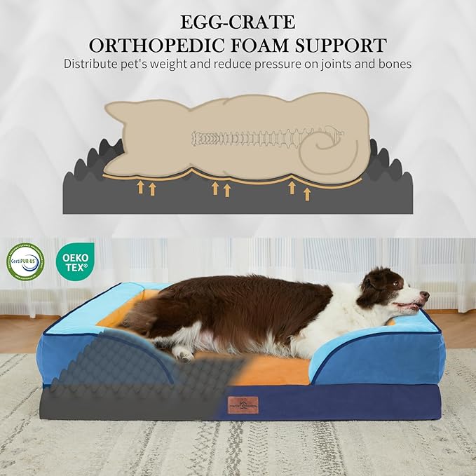 Comfort Expression Orthopedic Dog Bed for Extra Large Dogs 45x35 Inch, Waterproof Egg Crate Foam XL Pet Bed with Bolsters, Dog Couch with Washable Cover & Non-Slip Bottom, Golden Harbor