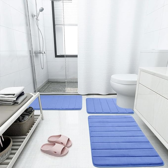 Buganda Memory Foam Bath Mat, 47" x 24", Ultra Soft and Non-Slip Bathroom Rugs, Water Absorbent and Machine Washable Bath Rug Runner for Bathroom, Shower, and Tub, Cornflower Blue