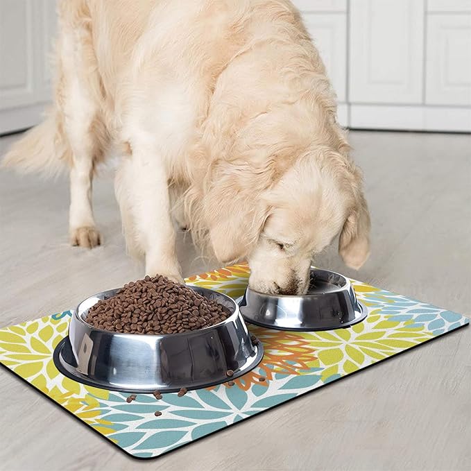Dog Food Mats for Floors, Absorbent and Quick-Drying Pet Cat Food Mat,Anti-Fouling and Easy-to-Clean Pet Feeding Mat,Dog Bowl Mat for Messy Drinking Water Bowls.16x24, Bohemia Dahlia Floral Style