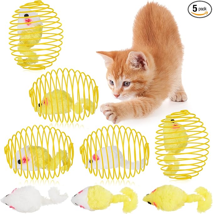 Jecery 5 Pcs Cat Spring Balls Toys Stretchable Rolling Balls Colorful Playful Coils Interactive Action Toy Caged Rats for Kitten Pet Supplies (Yellow Mouse,Yellow)