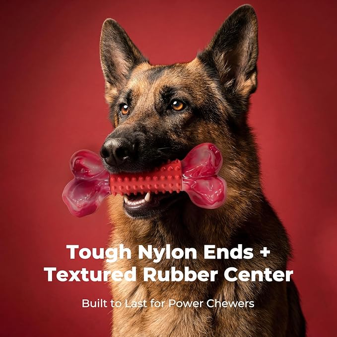 4-Pack Tough Dog Toys for Aggressive Chewers: Beef Flavored Long Lasting Dog Bones for Large Dogs, Heavy Duty Nylon & Rubber Dog Chew Toys to Keep Them Busy, Medium & Large Breed, Red