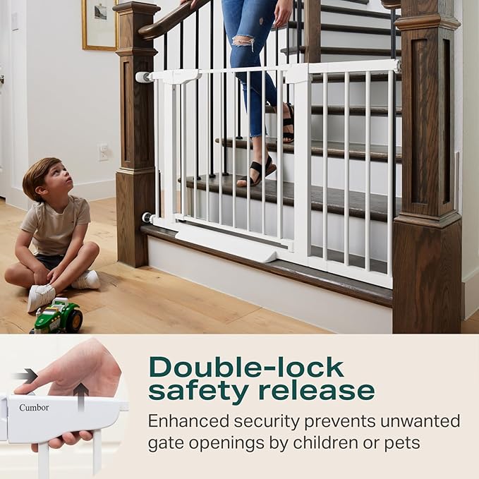 Cumbor 2 Pack 30-46" Baby Gate for Stairs, Mom's Choice Awards Winner-Auto Close Dog Gate for doorways, Easy Install Pressure Mounted Pet Gates Indoor, Easy Walk Thru Wide Safety Gate for Dog, White