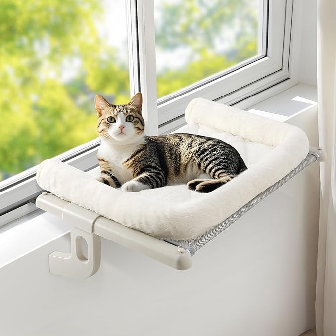 Sunhoo Cat Window Perch Hammock Sturdy Windowsill Bed Seat for Large Cats No Drilling No Suction Adjustable Kitty Shelf with Washable Cover Easy Assembly Holds up to 40 lbs 24.8 * 15 in (White, L)