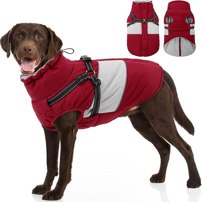 Dog Coat, XXXL Dog Jacket Winter with Harness Built in, Waterproof Pet Snow Jacket with Furry Collar for Chilly Day, Reflective Fleece Snowsuit for Extra Large Dogs, Burgundy 3XL