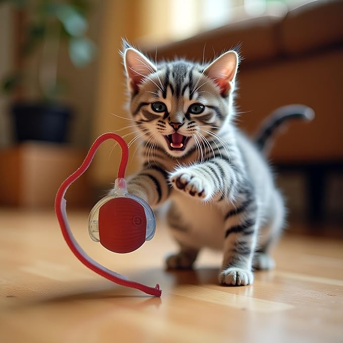 Interactive Dog Cat Toy Ball, Electric Automatic Rolling Moving USB Rechargeable Self Activated Stimulation Toy with Speedy Tail Rope for Indoor Cats and Dogs (Red)