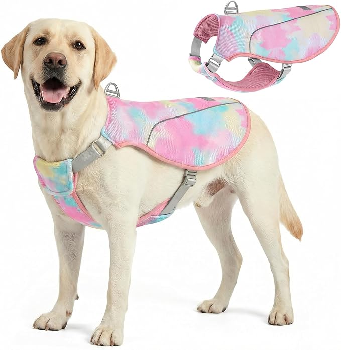 KYEESE Dog Cooling Vest, Breathable Mesh Dog Cooling Shirt for Large Dogs with D-Ring, Sun Protection Reflective Dogs Cooler Jacket with Adjustable Buckle for Summer Hiking Walking, Pink, 2XL