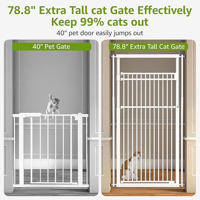 78.8" Extra Tall Pet Gate for Cat/Dog, 28.3-33" Wide Tall Cat Gate for Doorways/Hallways, NO Drilling Pressure Mounted Dog Gate for Stairs, Studio, Kitchen (White)