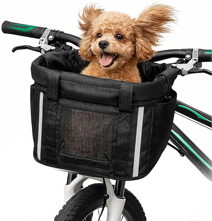 ANZOME Dog Bike Basket, Folding Front Pet Carrier for Small Dogs Cats Up to 11 lbs, Quick-Release Bicycle Basket with Safety Tether, Fits Mountain City Cruiser Bikes, Detachable Handlebar Bag