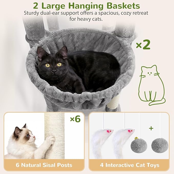 Globlazer 75in Sturdy Cat Tree for Large Cats, Heavy Duty Multi-Level Cat Tower for Indoor Cats with Extended Platform, 2 Spacious Condos, 2 Padded Perches, 6 Sisal Scratching Posts, S75, Light Grey