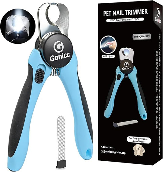 gonicc LED Pet Nail Clippers for Dogs & Cats, Light-Up Dog Nail Trimmer with Safety Lock & Built‑in File, Professional Stainless Steel Nail Clippers for Pets