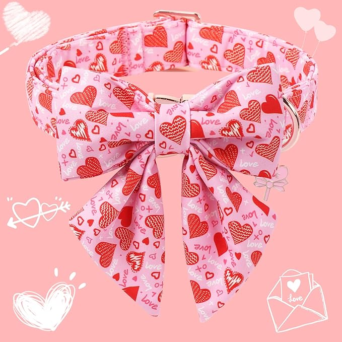 DOGWONG Valentine's Day Dog Collar with Bow Tie - Adorable Pet Collar Red Hearts with Rose Gold Buckle for Large Medium Small Dog Walking, L