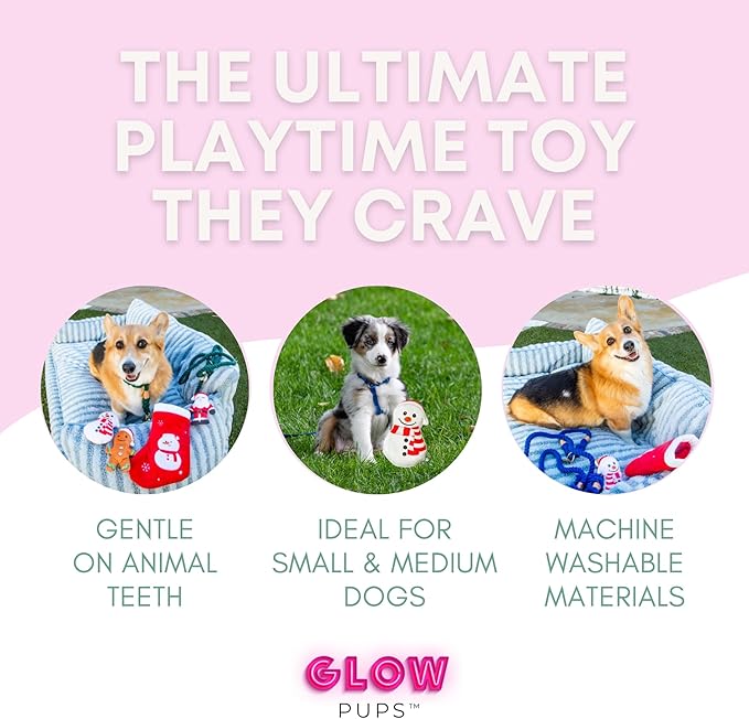 Glow Pups Christmas Stocking Hide and Seek Dog Toy, Interactive Plush Santa, Snowman, Gingerbread Man, Crinkle and Squeak, Holiday Burrow Toy for Small Medium Dogs, Red Plush Christmas Snowflake