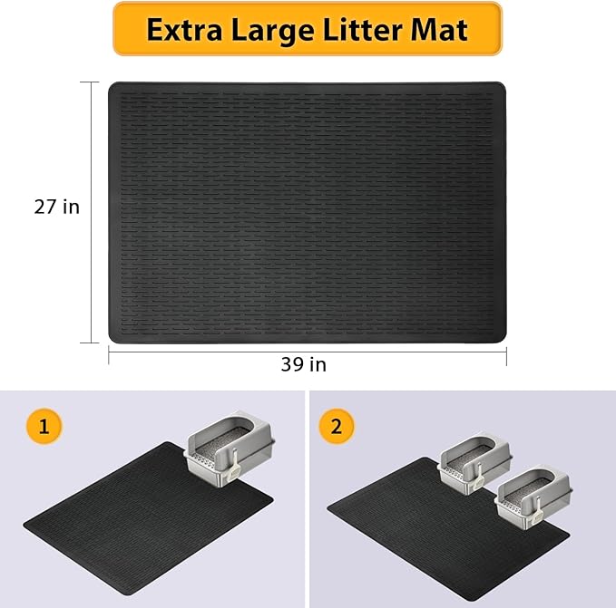 Large Cat Litter Mat 39x27 Inch, XL Waterproof Cat Litter Box Mat, Extra Large Litter Trapping Mat, Washable Rubber Cat Litter Catcher Mat for Multiple Cats, Black