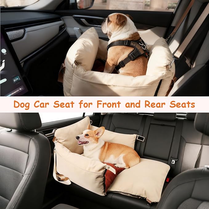 Dog Car Seats for Small Dogs, Waterproof Puppy Car Seat with Side Handles and Large Pockets, Clip-On Safety Leash and PP Cotton Filling, Pet Booster Seat for Small Dog up to 25lbs (Apricot)