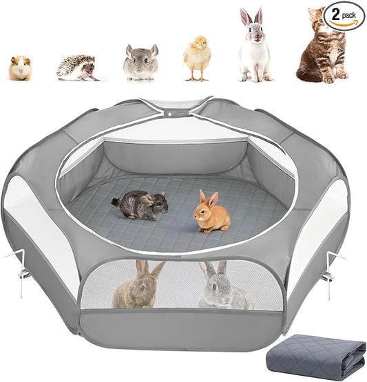 2-in-1 Small Animals Playpen with Pad, Waterproof Small Pet Cage Tent with Reusable Pad, Portable Outdoor Yard Fence with 3 Metal Rod for Chick/Kitten/Puppy/Guinea Pig/Rabbits/Chinchillas, Gray+Gray