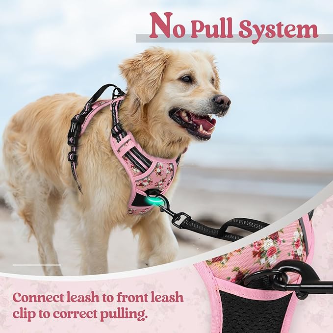 rabbitgoo Dog Harness No Pull with 2 Leash Clips, Adjustable Soft Padded, Reflective Oxford No Choke Pet Vest with Easy Control Handle for Large Dogs, Pink Rose, L