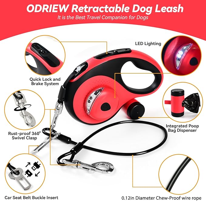 Heavy Duty Retractable Dog Leash for Large Dogs, 26ft Dog Leash with Poop Bag Holder, Up to 110lbs, chew Proof Cable, LED Light, 360° No-Tangle, One-Handed Pause & Locked (Red, L 26ft)