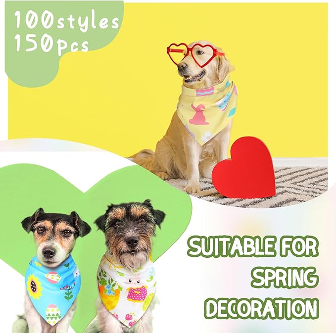 Huhumy 150 Pcs Easter Dog Bandanas Bulk Pet Bibs Colorful Triangle Scarf Pet Bandanas for Medium Large Dogs Easter Festival Spring Summer Birthday Costume Decor