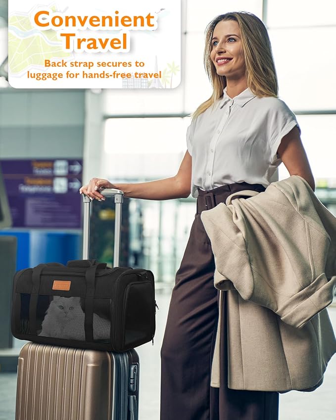 PETUX Airline Approved Pet Carrier - 17x11x9.5 in, Underseat, Top & Side Entry, Soft Sided Cat Carrier for Small Cat Up to 12 lbs with Breathable Anti-Scratch Mesh for Travel & Vet - Black