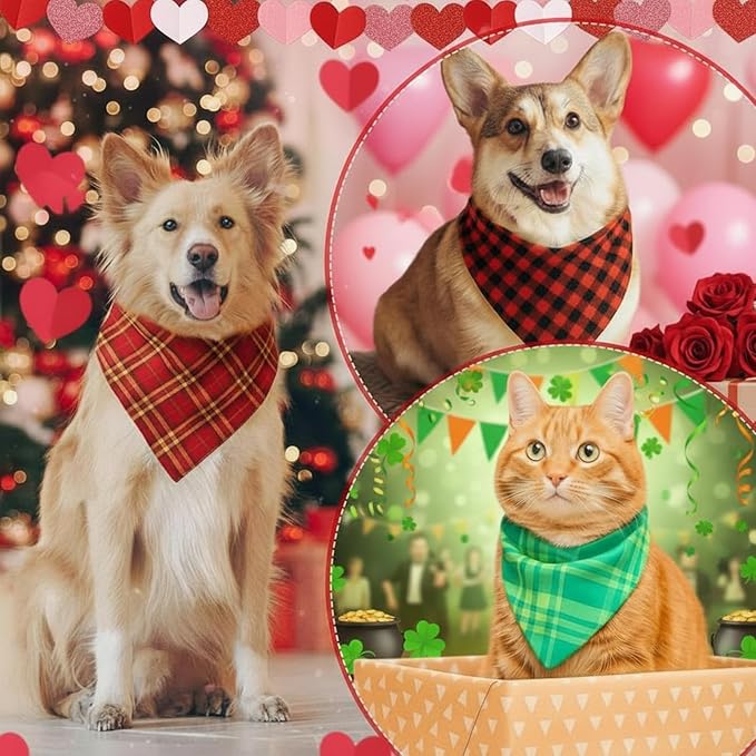 Abbylike 100 Pcs St. Patrick's Day Dog Bandanas Bulk Green Plaid Bandanas for Dogs Triangle Kerchief Bib Scarf for Pet Irish Holiday Costume Photo Props Accessories (25.6 x 17.7 x 17.7)