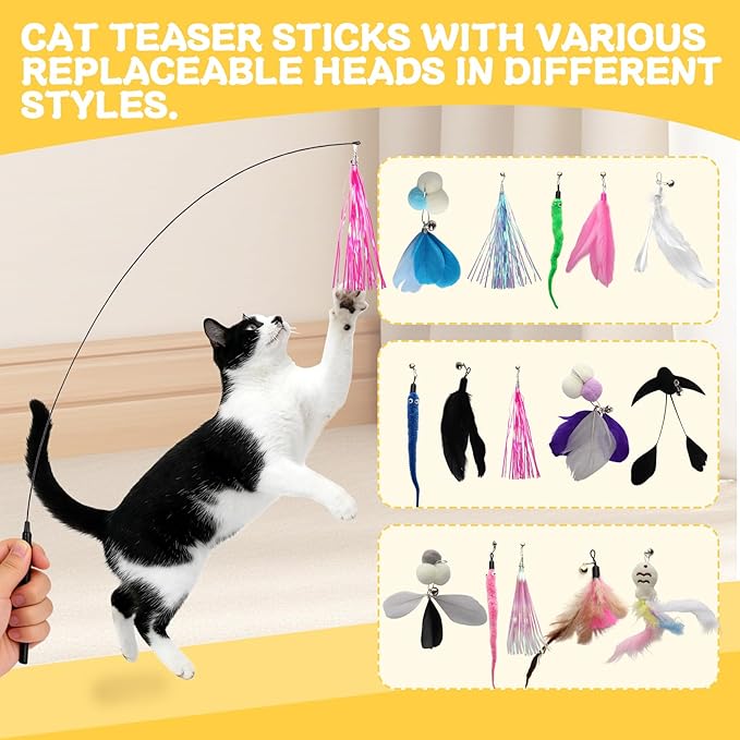Interactive Cat Toy for Indoor Cats - Cat Wand & Track Ball, 15 Replacement Heads, 2 Wooden Balls & 1 Bell Ball, Anti-Slip Base, Easy Assembly Cat Teaser for Kittens & Adult Cats
