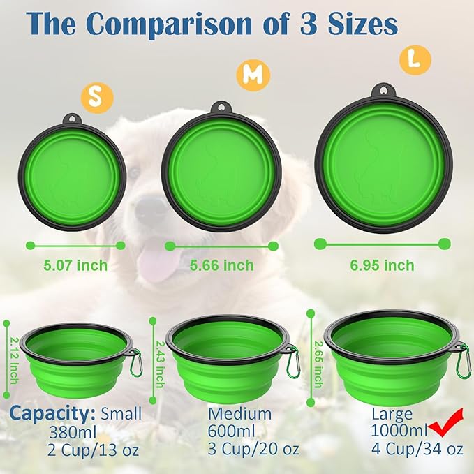Collapsible Dog Bowls [2 Pack] 34 oz, Travel Dog Bowls, Pet Bowl Portable Foldable Water Food Feeding Dishes with Carabiner Clip for Traveling Hiking Walking-Black & Green