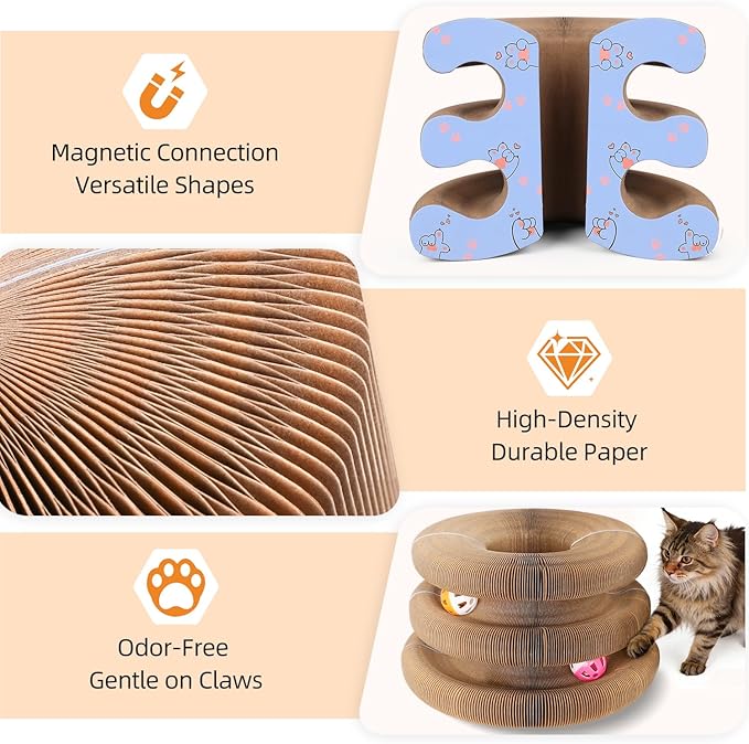 Upgraded Double Layer Accordion Cardboard Cat Toy, 2 Pack Connectable Magic Organ Cardboard Cat Scratcher with Cat Toy Ball Track for Kitten Kitty, Interactive Cats Ball Toy for Indoor Cats