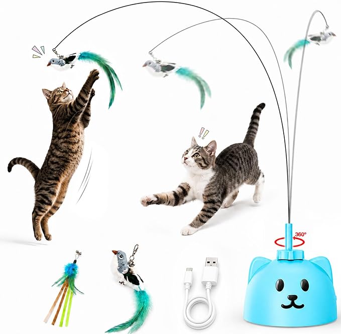 Interactive Cat Toys for Indoor Cats: Upgraded 360° Automatic Spin Flying Bird Feather Wand with Silicone Protected Rod Safe Play, Strong 8cm Suction Cup, USB-Rechargeable for Bored Kittens and Adult