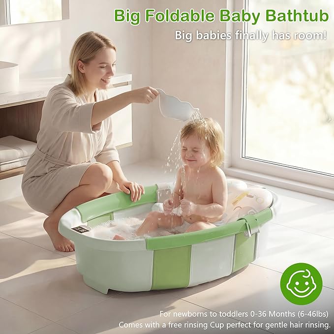 Collapsible Baby Bathtub - Large Baby Bath Tub with Thermometer | Bath Essential Bañera para Bebe Easy Fold Baby Tub | Travel Infant Newborn Toddler Bathtub for Baby Girl Boy 0 to 36 Months(Green)