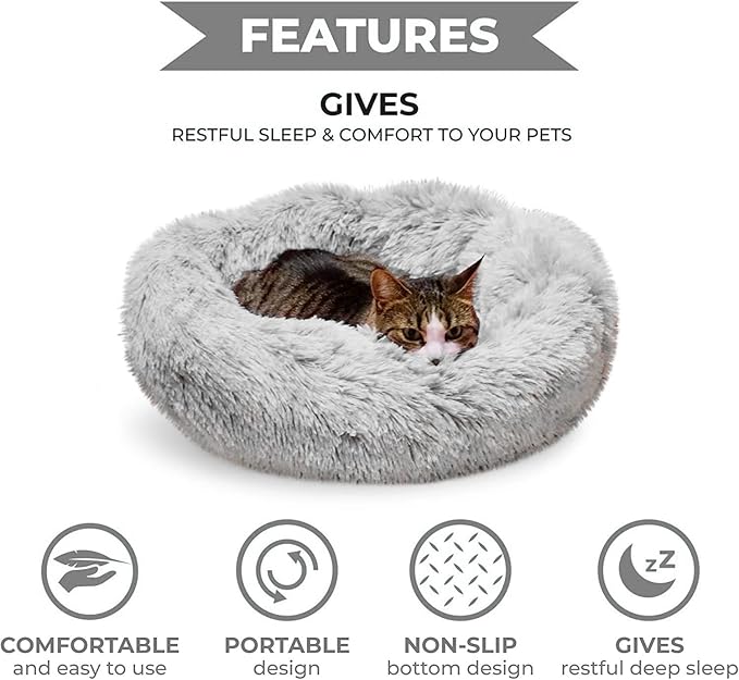 Whiskers & Friends Cat Beds for Indoor Cats, Fluffy Calming Donut Cat Bed, Small Dog Bed Washable - Orthopedic Soft Plush Pet Beds Sized for Kitten to Large Cats & Puppy to Small Dogs, Light Grey 23''