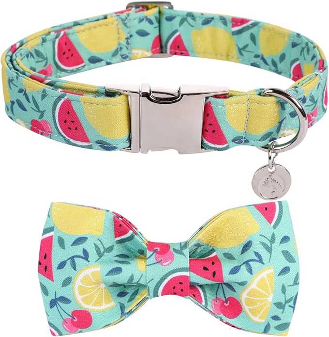 DOGWONG Cotton Summer Dog Collars, Lemon Bowtie Dog Collar, Adjustable Heavy Duty Girl Dog Collar with Bow for Small Medium Large Dogs,S