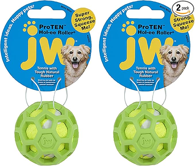 JW Pet Proten HOL-ee Roller Dog Chew Puzzle, Small, Lime Green Tennis Ball with Assorted Colors (Green, Red, Blue), 42204 (Pack of 2)