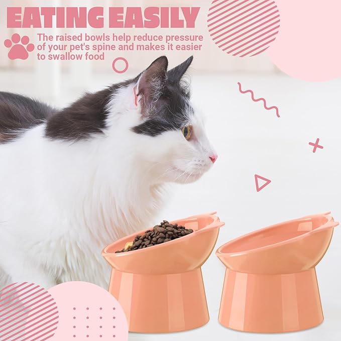 Zhehao 2 Pcs Elevated Cat Bowl Set, Tilted 15° Plastic Raised Food and Water Bowls Anti Vomit Pet Feeding Dishes for Indoor Cats/Small Dogs(Cat Ears,Peach)