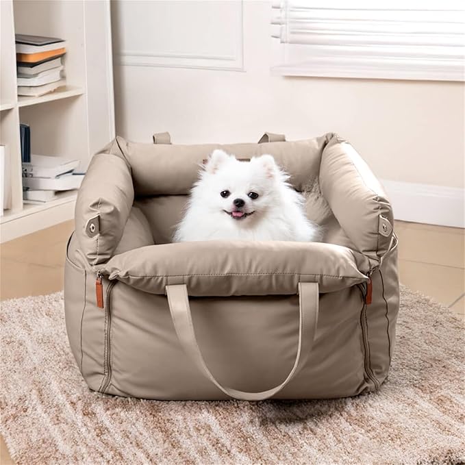 FUNNYFUZZY Luxury Dog Car Seat for Small Medium Dogs Under 35 lbs, Waterproof Leather Pet Booster Seat with Safety Leash & Anti-Slip Base, Fully Padded Dog Car Bed, Portable Puppy Carrier(Khaki)
