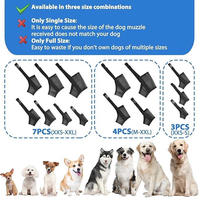 Dog Muzzle Suits for Small Medium Large Dogs, Mesh Muzzle Anti Biting Chewing, Breathable Mouth Cover Set with Adjustable Strap for Grooming Vet Visiting Training (3 PCS(S-L), Black)