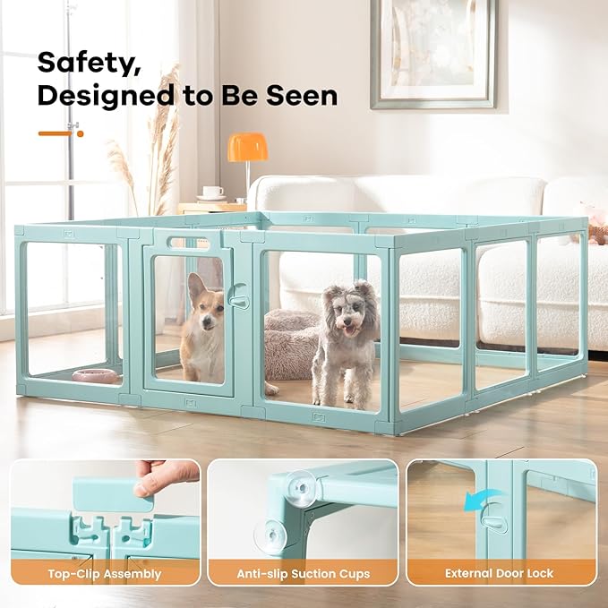 Clear Acrylic Dog Playpen Indoor, Puppy Cat Small Pet Play Pen, Pet Cat Playpen for Rabbits, Dog Fence Crate Kennel Whelping Cage (Green, 12 Panel)