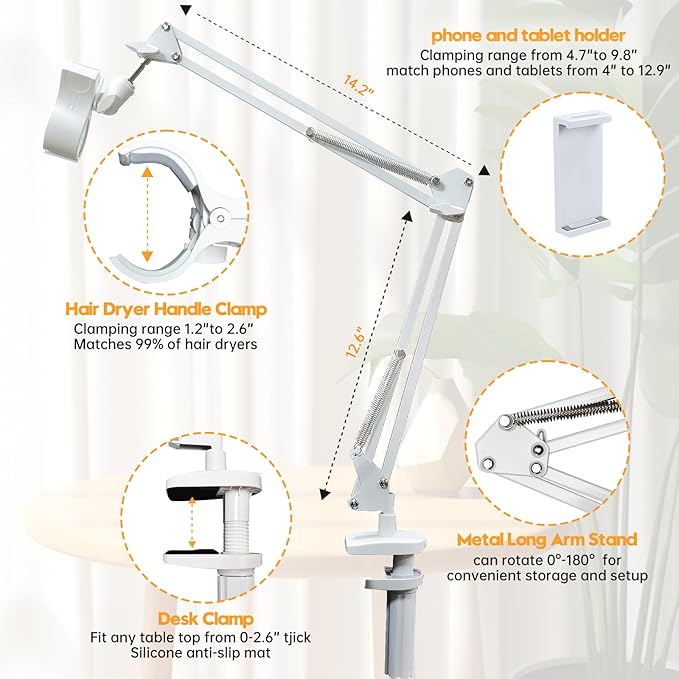White Dog Hair Dryer Holder - 360° Rotating Hands-Free Stand with Adjustable Clamp for Blow Dryers,3-in-1 Holder for Pet Hair Dryer, Tablet, and Phone Holder,Flexible,Sturdy, Safe