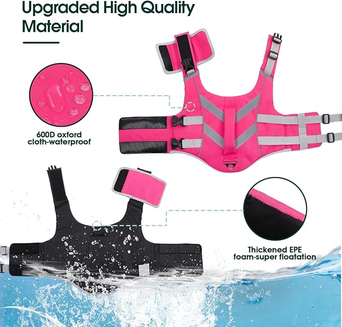 Kuoser Dog Life Jacket with Reflective Stripes, Dog Life Vest for Swimming Boating, Adjustable Pet Lifejackets with High Flotation, Doggie Swimsuit for Small Medium Large Dogs