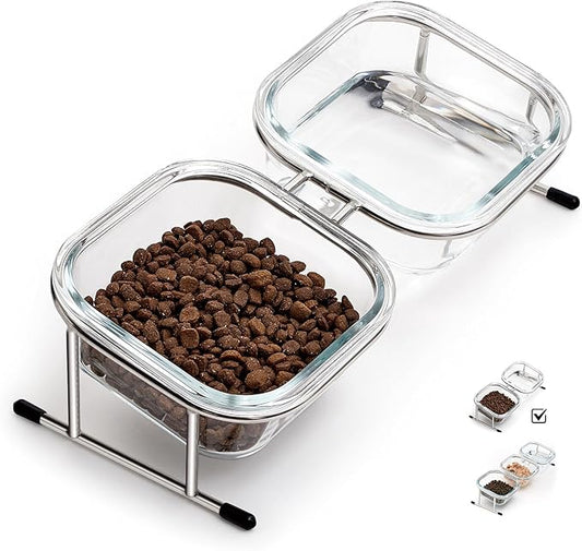 Hannadepot Elevated Cat Bowls, 15° Tilted Glass Raised Cat Food Bowl with Stainless Steel Stand, 2 Large Capacity Glass Cat Bowls and 4 Anti Slip Feet, Suitable for Cats and Little Dogs