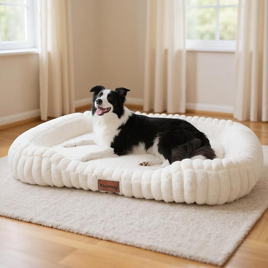 Orthopedic Dog Bed for Extra Large Dogs, Comfort-Sided Calming Pet Bed Couch with Breathable Memory Foam, Plush Faux Rabbit Fur & Anti-Slip Bottom, Machine Washable, 43"x31"x5.5", Cream