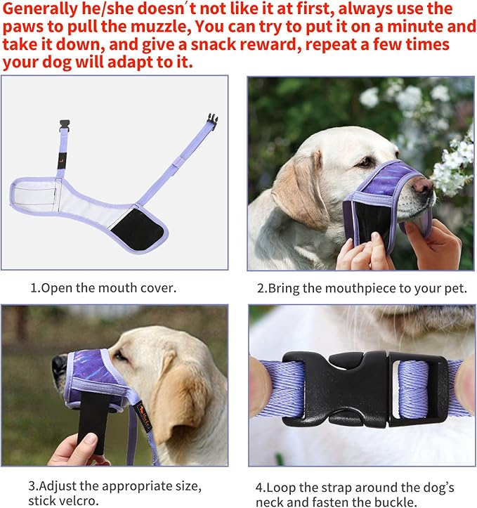 HEELE Dog Muzzle,Soft Nylon Muzzle Anti Biting Barking Chewing,Air Mesh Breathable Drinkable Adjustable Loop Pets Muzzle for Small Medium Large Dogs 4 Colors 4 Sizes (P-Meteor Purple, L)