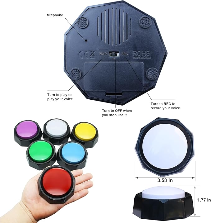 Recordable Buttons, Dog Training and Communication Buttons, Pack of 6, 30 Seconds Recording, 30 Scene 15 Custom Stickers, 6 Pairs Non-Slip Stickers, Sound Quality is Clearly (Batteries Included)