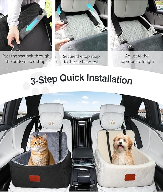 WOOAIDAGG Dog Car Seat for Small Dogs Under 30lbs, Comfy & Safe Travel Bed with Washable Cover, 2 Clip-On Safety Leashes and Pockets, Anti-Slip Base, Easy to Install(Black/Grey)