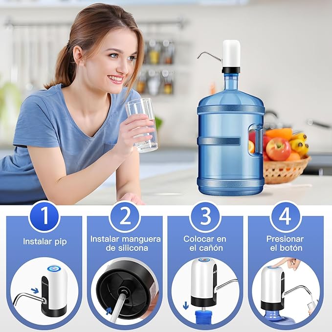 Water Dispenser for 5 Gallon Bottle, USB-C Charging Portable Electric Water Pump with 3 Adapters for 5 Gallon Jugs and Bottles, Automatic Drinking Water Dispenser for Camping, Travel, White