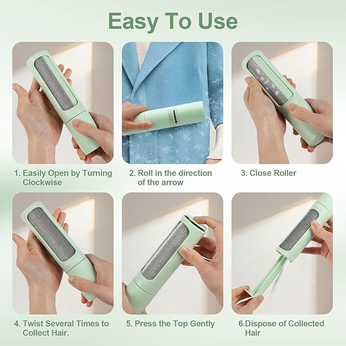 Pet Hair Remover Tool - Reusable Lint Roller Lint Brush for Cat & Dog Hair on Furniture, Clothes, Couches, Car Seats, and Fabric - No Refills, Eco-Friendly and Portable (Green)